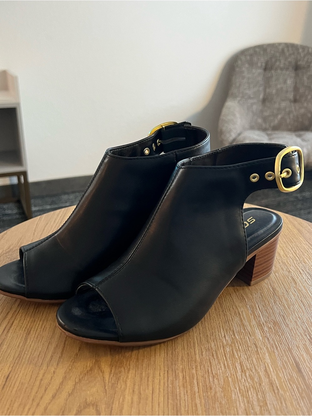 Soda Black Open-Toe Block Heel Mules with Gold Buckle